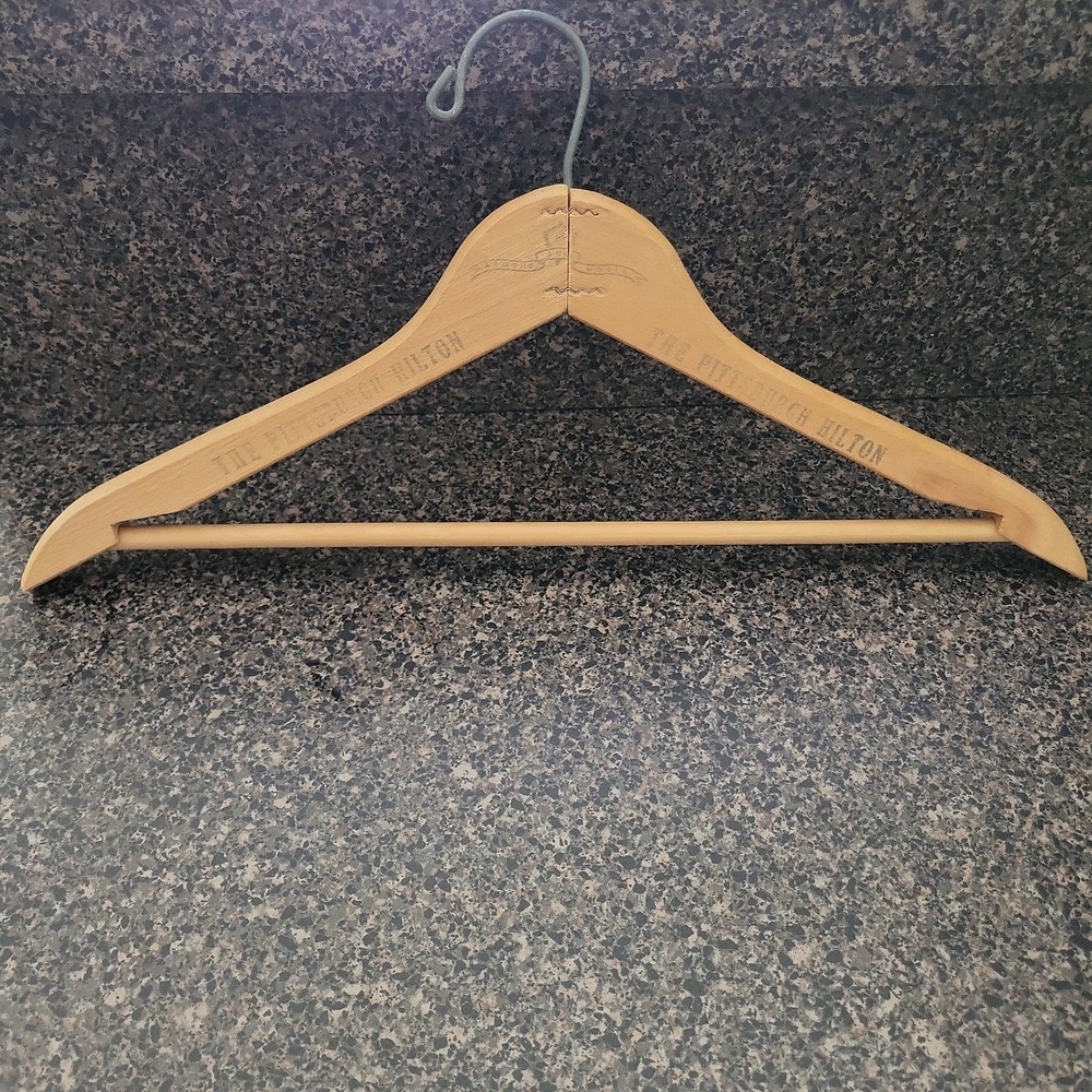 VINTAGE Pittsburgh Hilton Hotel Clothes Hanger Wooden Unique Advertisement
